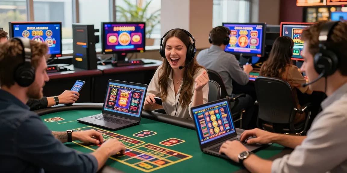 Online casino players enjoying diverse games at thegbhouse.co.uk, showcasing excitement with vibrant graphics.