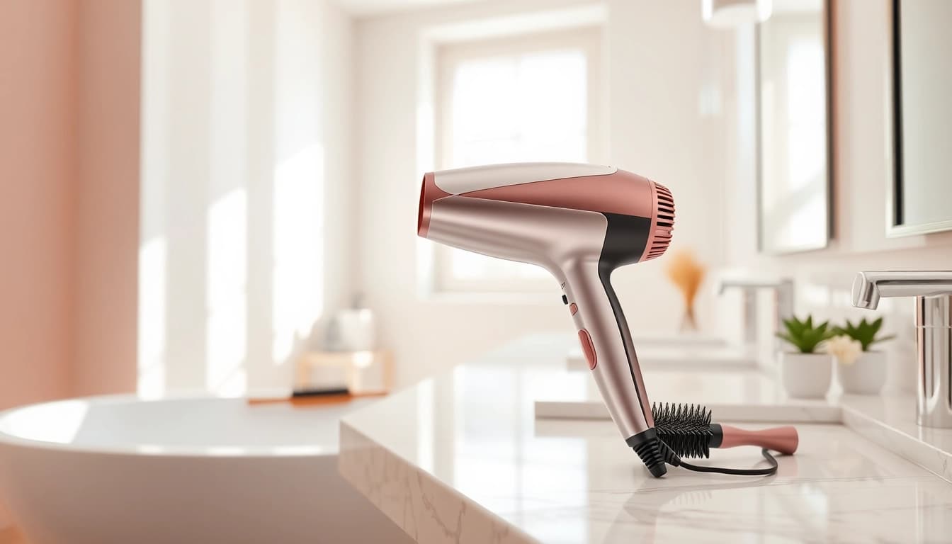 Hair dryer for fine hair placed on a marble countertop amidst stylish bathroom decor.