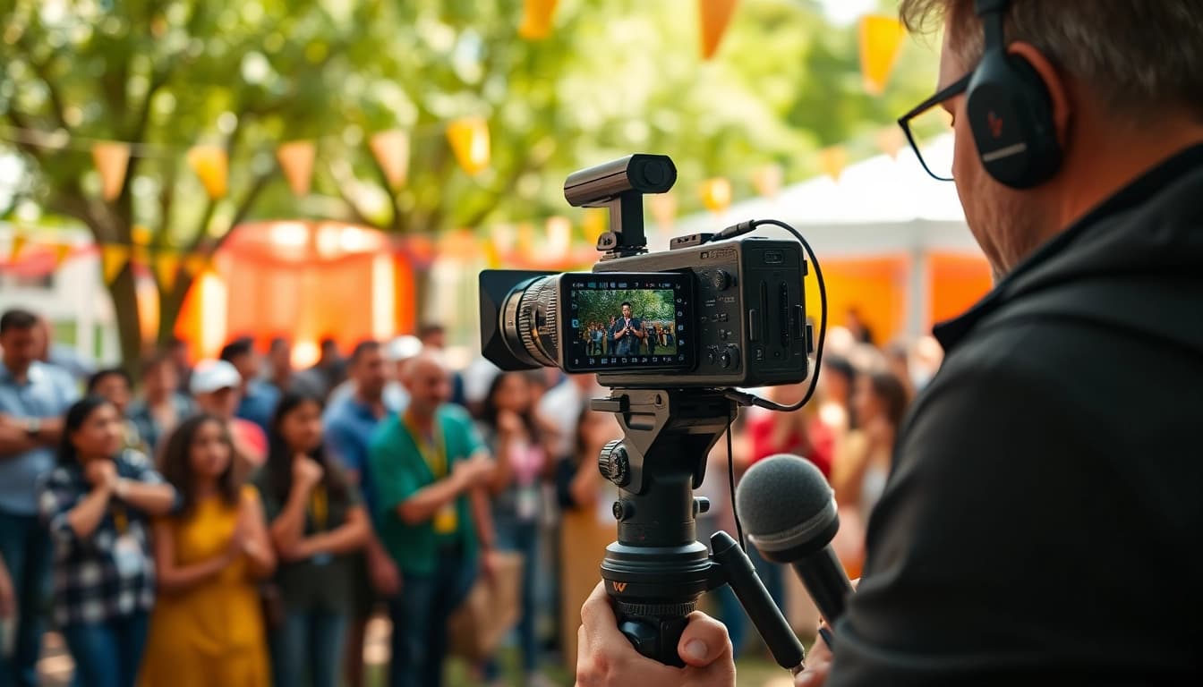 Capturing on-site videography footage of an outdoor event with vibrant energy.