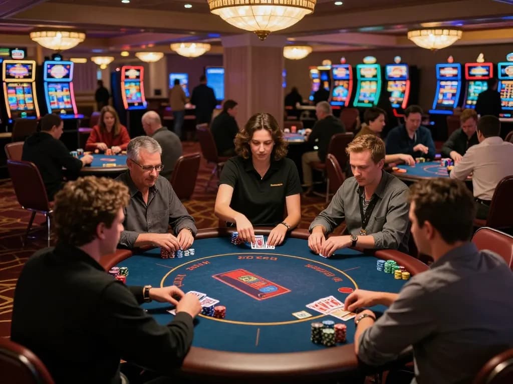 gamblers engaging with Chatgpt caricature on digital devices at an upscale casino
