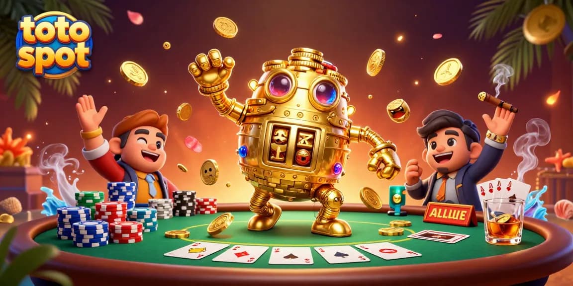Experience the thrill of toto slot action with an enchanting golden golem surrounded by vibrant casino elements.