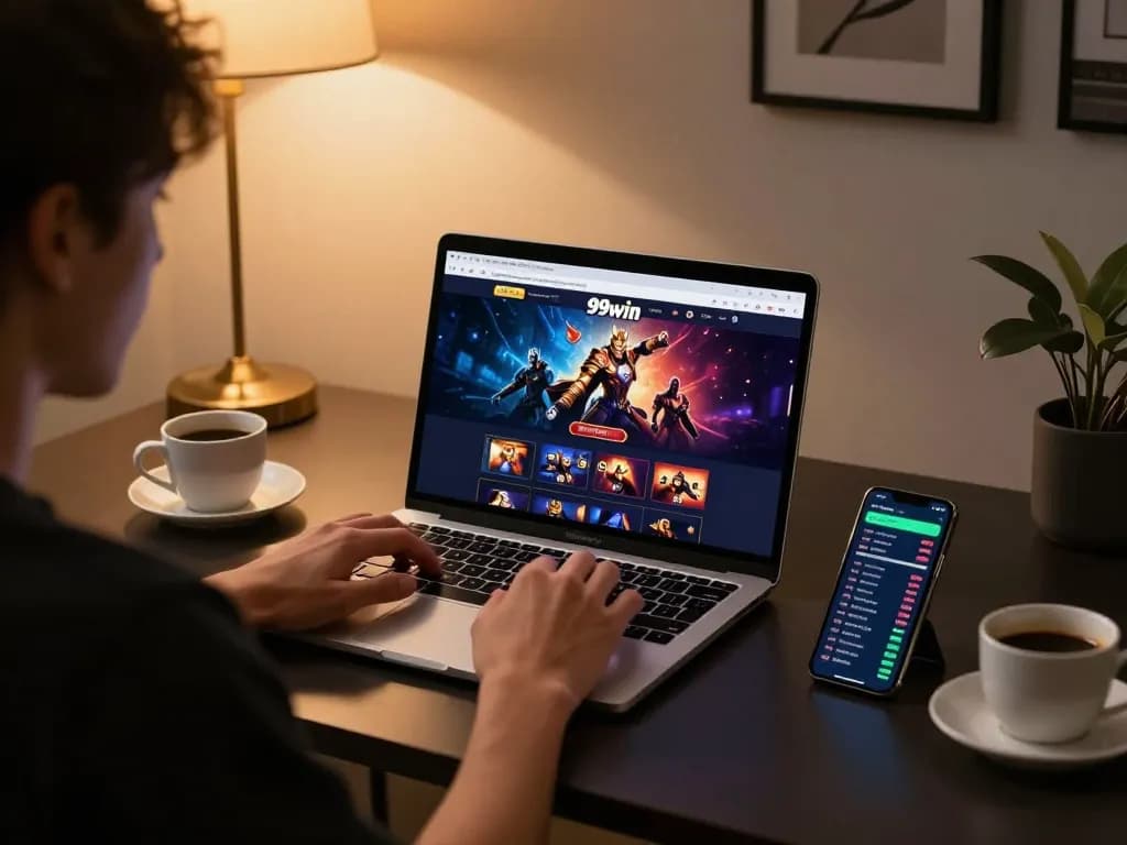 Player engrossed in 99win online casino gaming on a sleek laptop, showcasing responsible gaming environment.