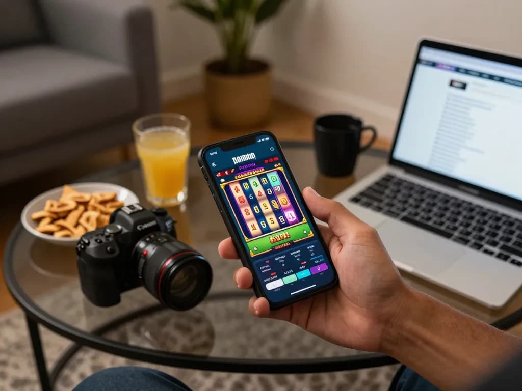 Engaging gameplay at non gamstop casinos on a smartphone, vibrant slot game interface displayed, cozy home setup.