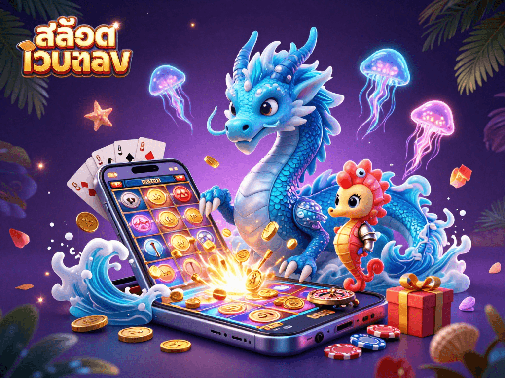 Experience thrilling slots with สล็อตเว็บตรง featuring a captivating dragon, coral knight, and neon jellyfish.