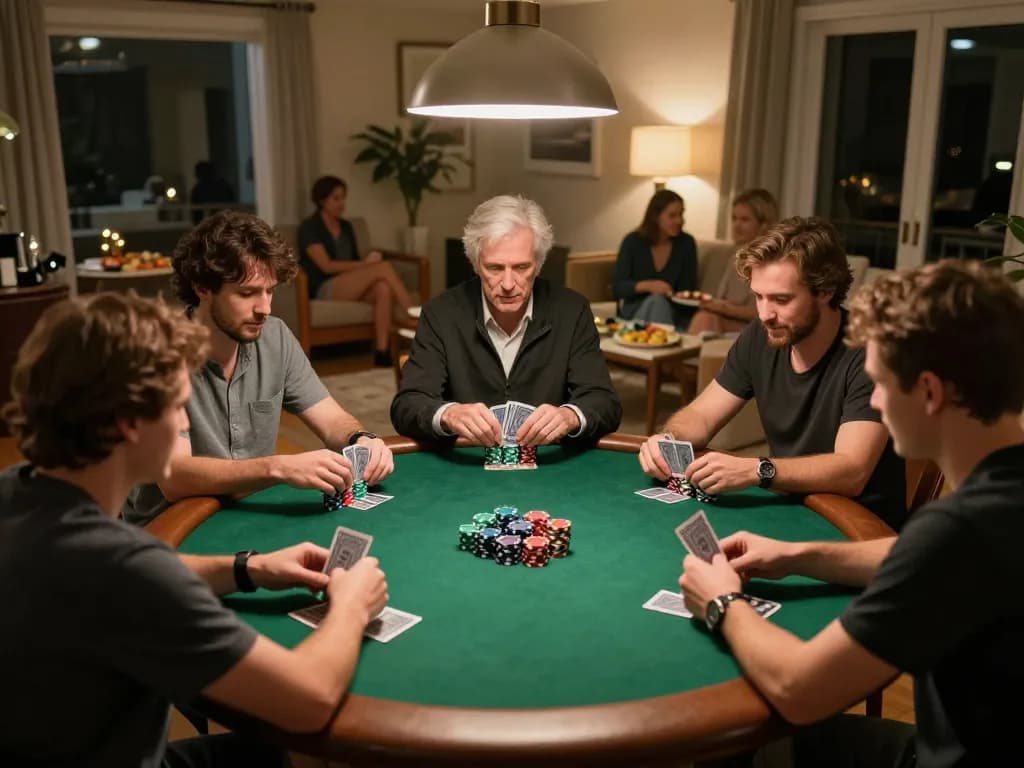 RR88 players strategizing over cards and chips in a cozy home poker game.