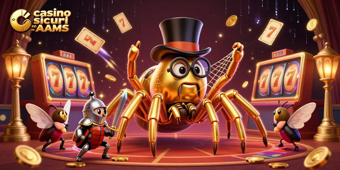 Scopri i casino sicuri non AAMS con una vivace illustrzione 3D di tarantola e cavalieri.