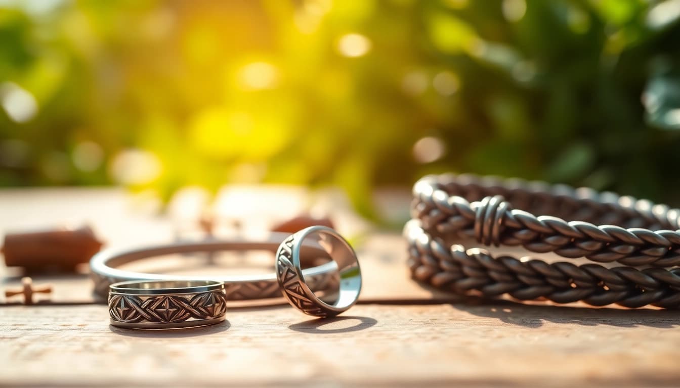 Explore men's jewelry showcasing unique designs and craftsmanship.