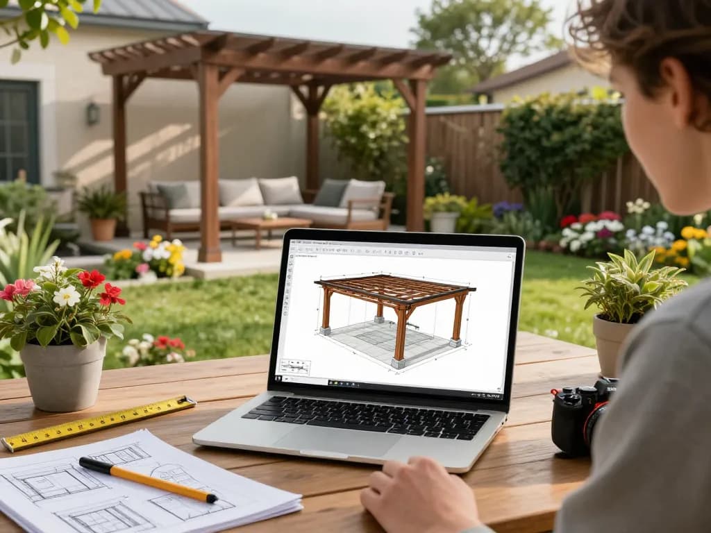 Using a pergola 3D planner to design a custom outdoor structure in a vibrant backyard.