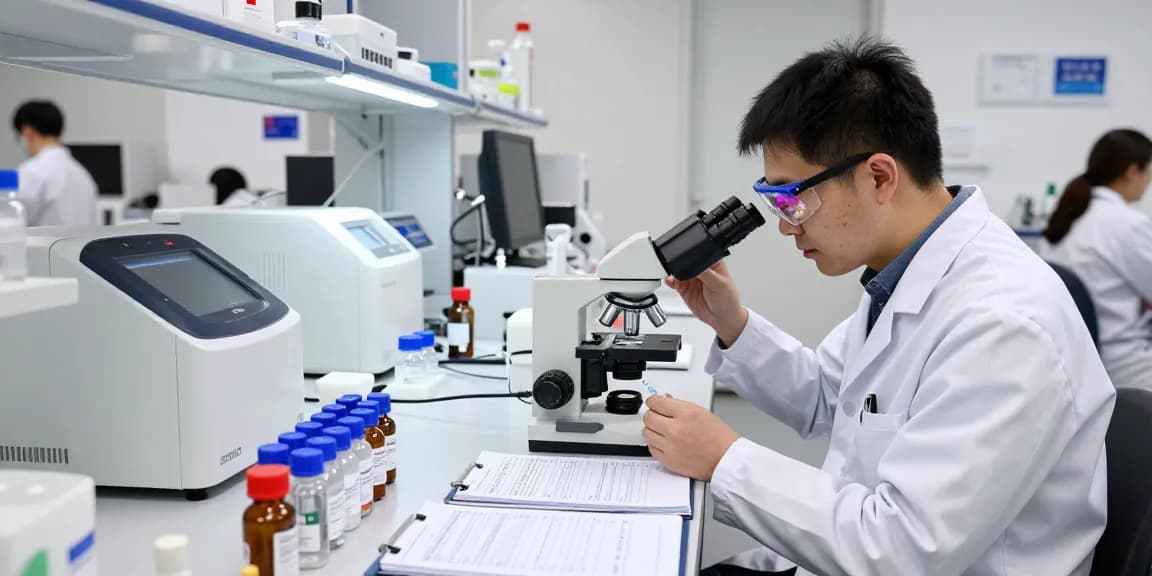 Scientist examining SwissChems peptide samples in a state-of-the-art laboratory.