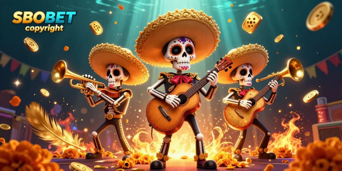 Engage in thrilling SBOBET copyright gaming with a vibrant mariachi band, slot reels, and dynamic casino elements.