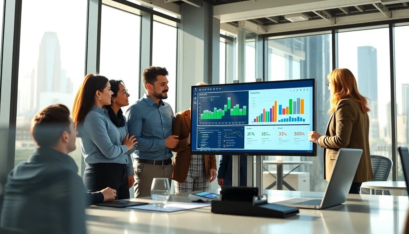 Engaged team discussing competitive intelligence insights in a modern office setting.