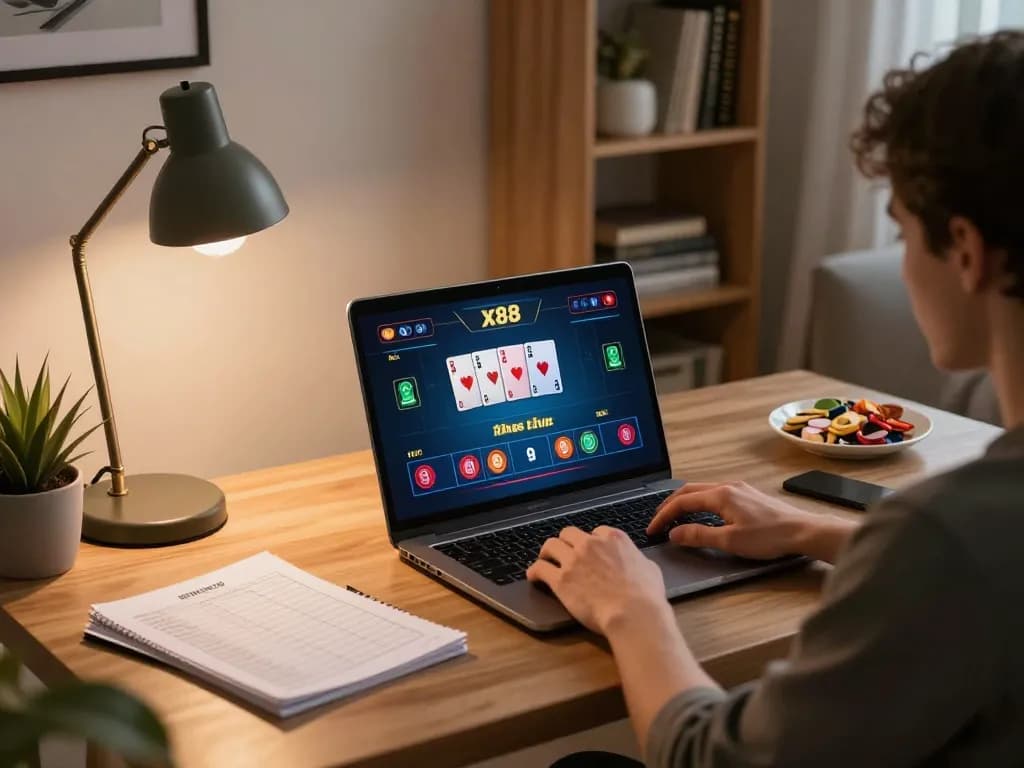 x88 player enjoying an online poker game on a laptop in a cozy home environment