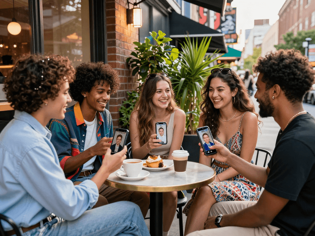 Group of friends evaluating how old do I look using smartphones at a café.