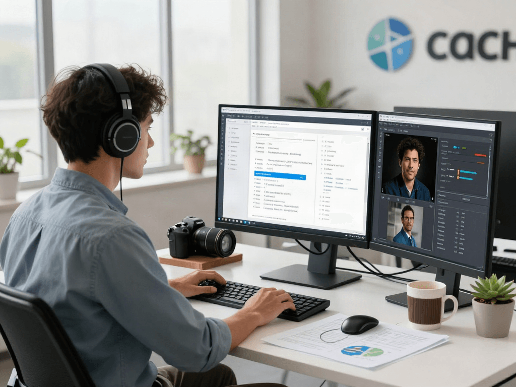 AI-Generated Image Detection workspace with a data scientist analyzing synthetic images using advanced algorithms and tech tools.