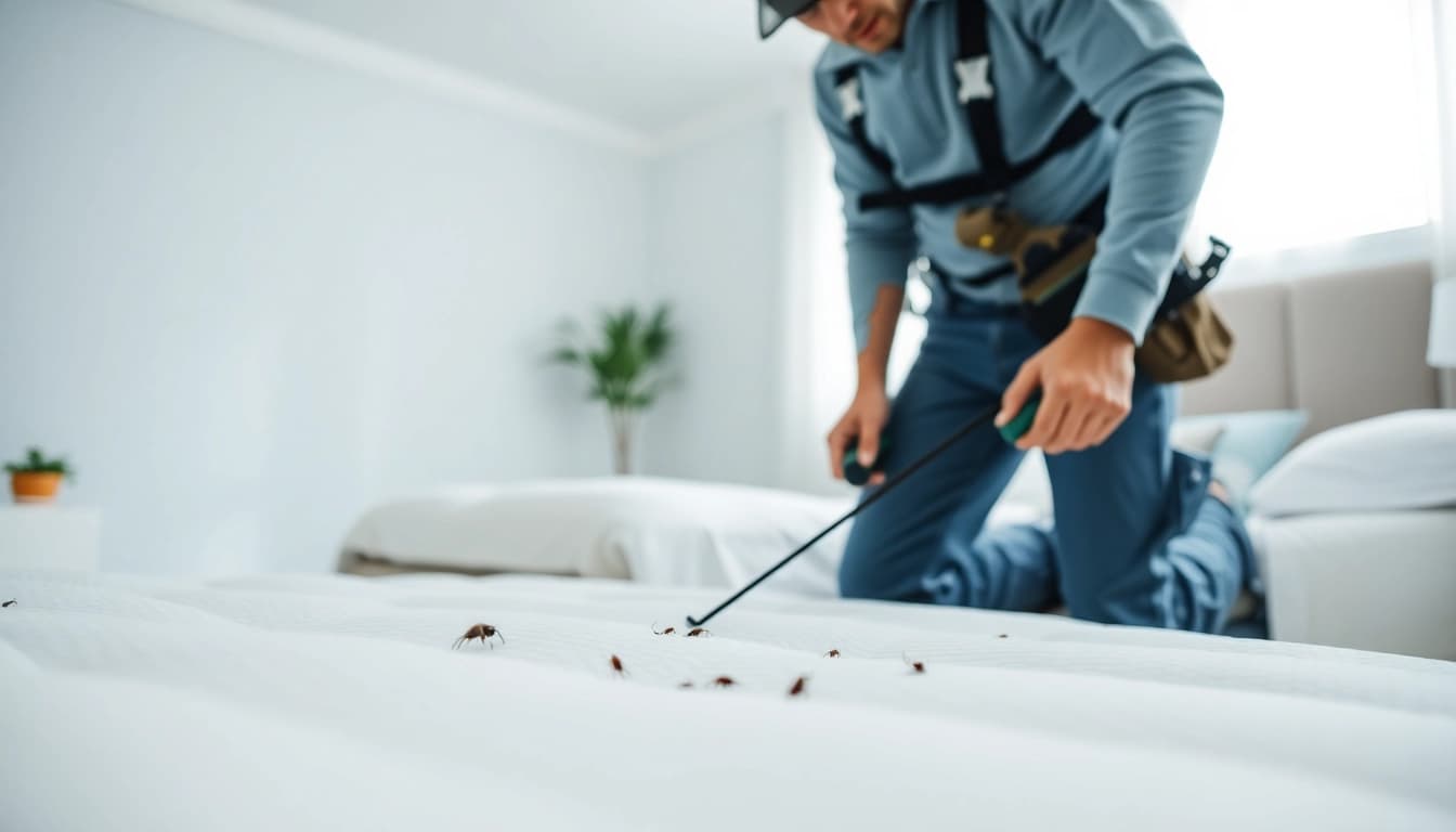 Effective bed bug extermination near me with an expert inspecting a mattress in a modern home.