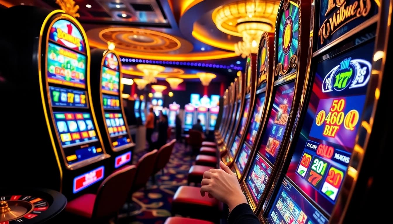 Aksi bonus slot yang mendebarkan di kasino mewah dengan mesin berwarna-warni dan pemain yang ceria.