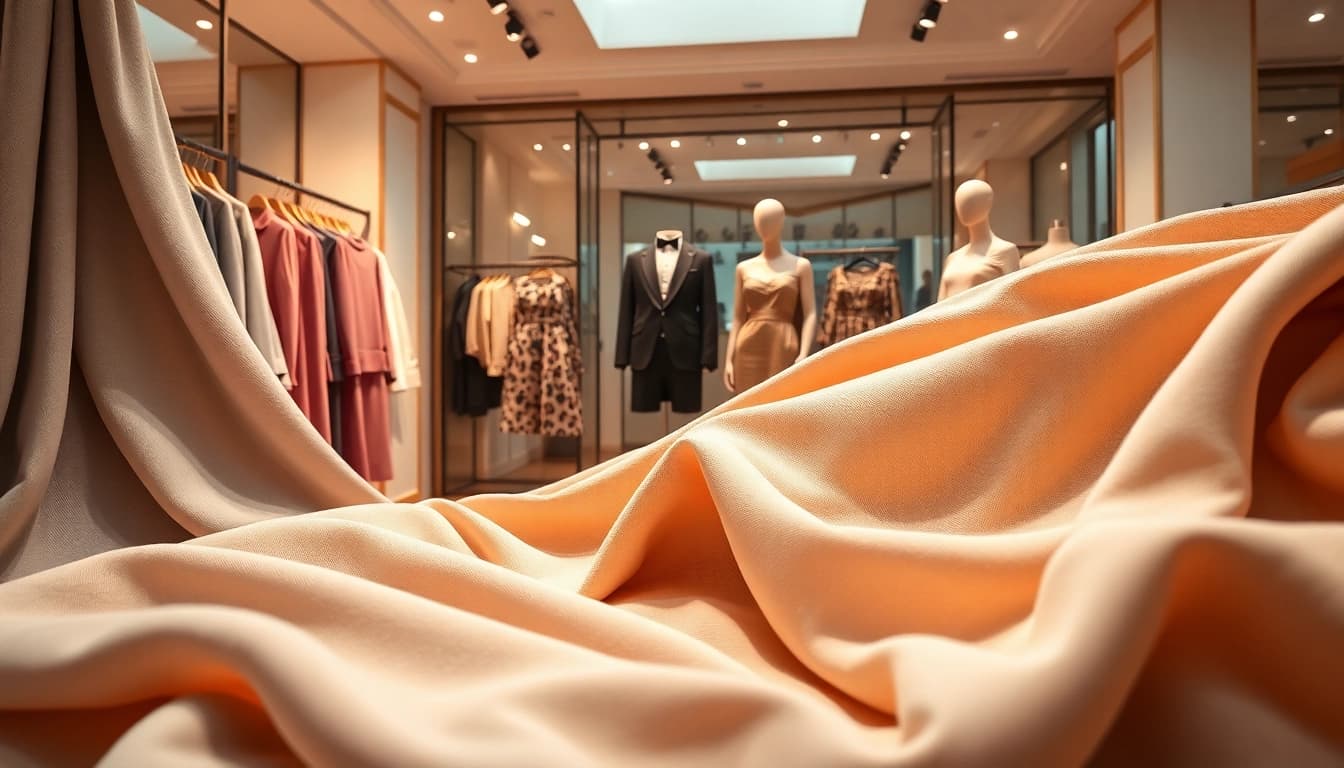 Zachte stof voor kleding gepresenteerd in een elegante boutique met diverse stoffen en stijlvolle etalages.