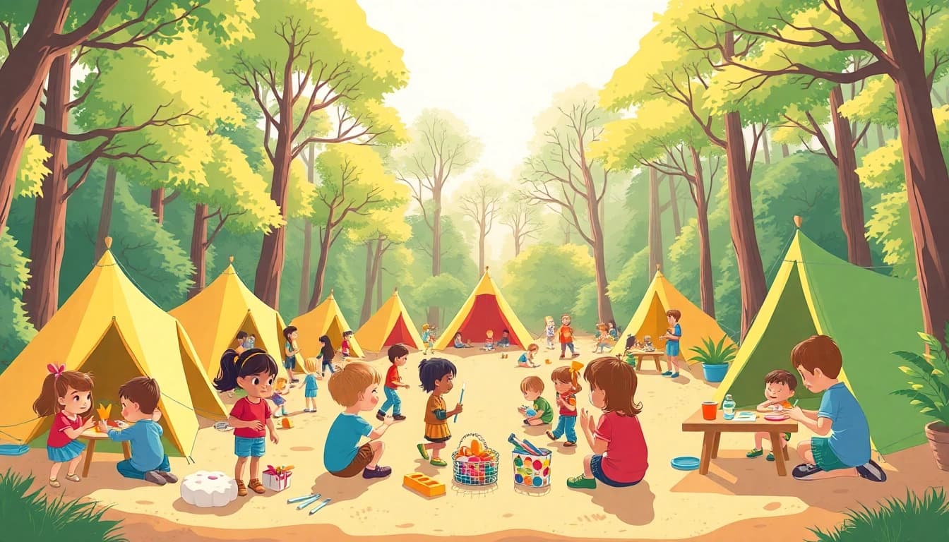 Children enjoying various activities at vibrant holiday camps amid a sunny outdoor environment.