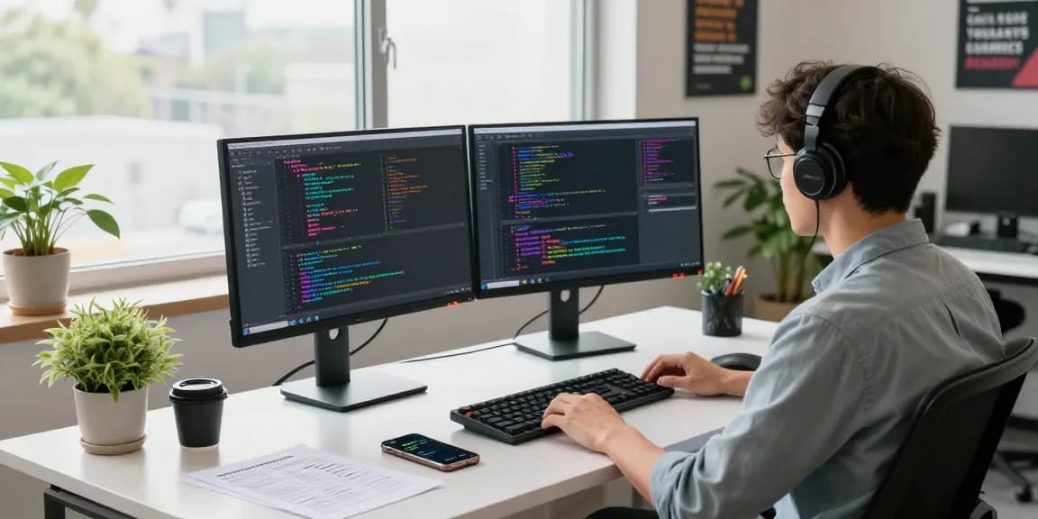 Professional workspace with developer coding on dual monitors, showcasing features of 纸飞机中文版 in a bright, energetic environment.