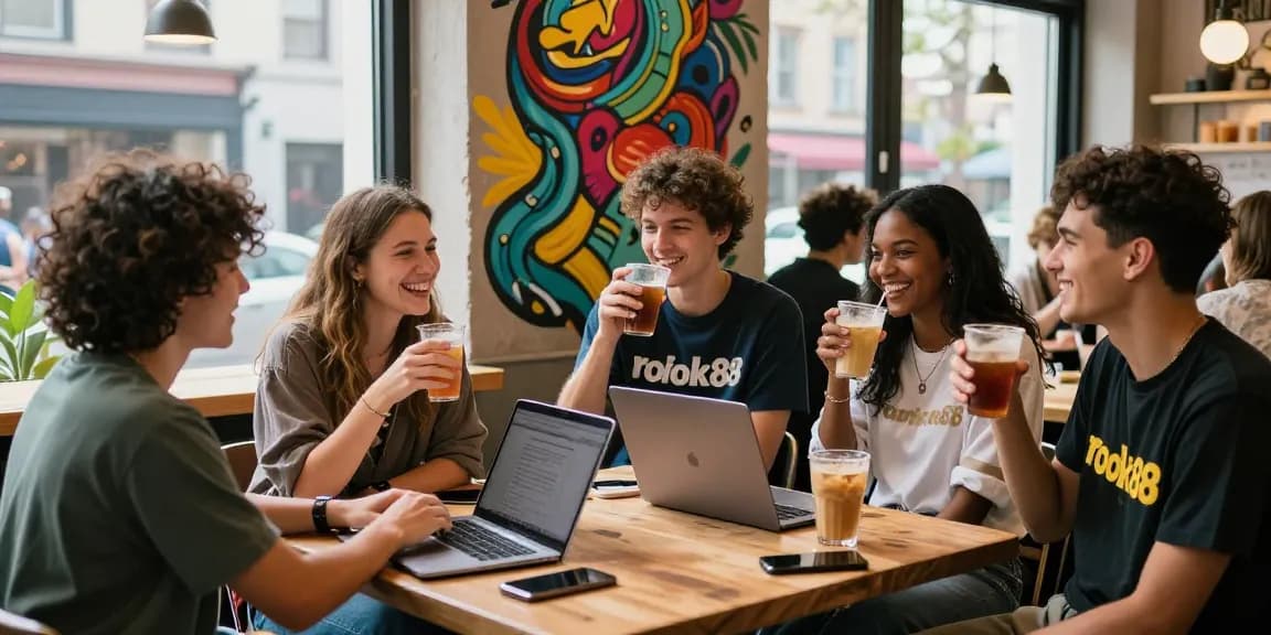 Group of young adults showcasing rokok88 merchandise while enjoying a lively café gathering.