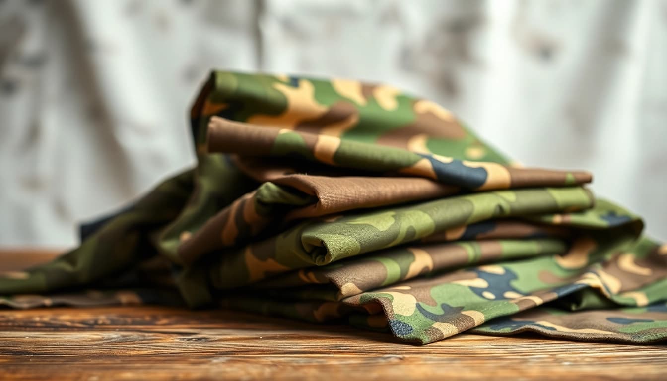 Bekijken van diverse camouflage stoffen met unieke patronen en texturen op een houten tafel.