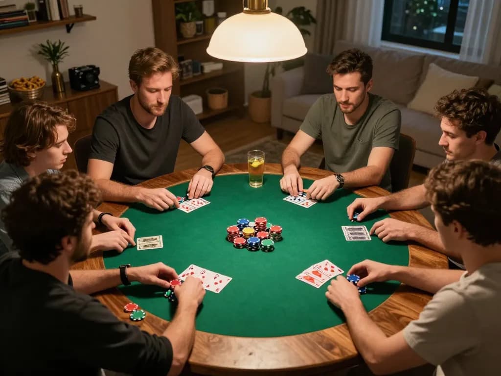 Players enjoying a casual poker night at home, discussing strategy and placing bets, showcasing Canada online casinos reddit community engagement.