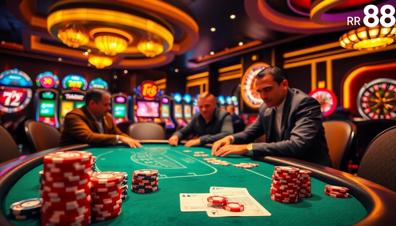 Exciting rr 88 gambling scene with poker players and vibrant casino elements.