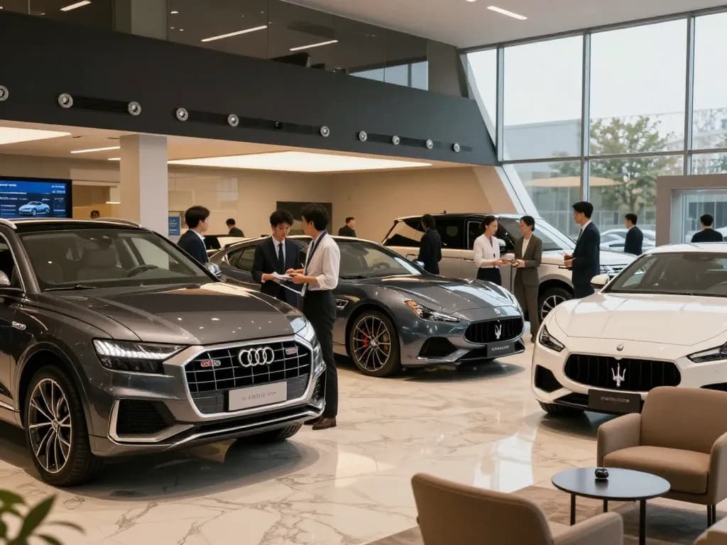 Trải nghiệm cho thuê ô tô sang trọng nhấn mạnh cho thuê xe ô tô hạng sang với các thương hiệu cao cấp như Audi, Maserati và Range Rover trong showroom hiện đại.