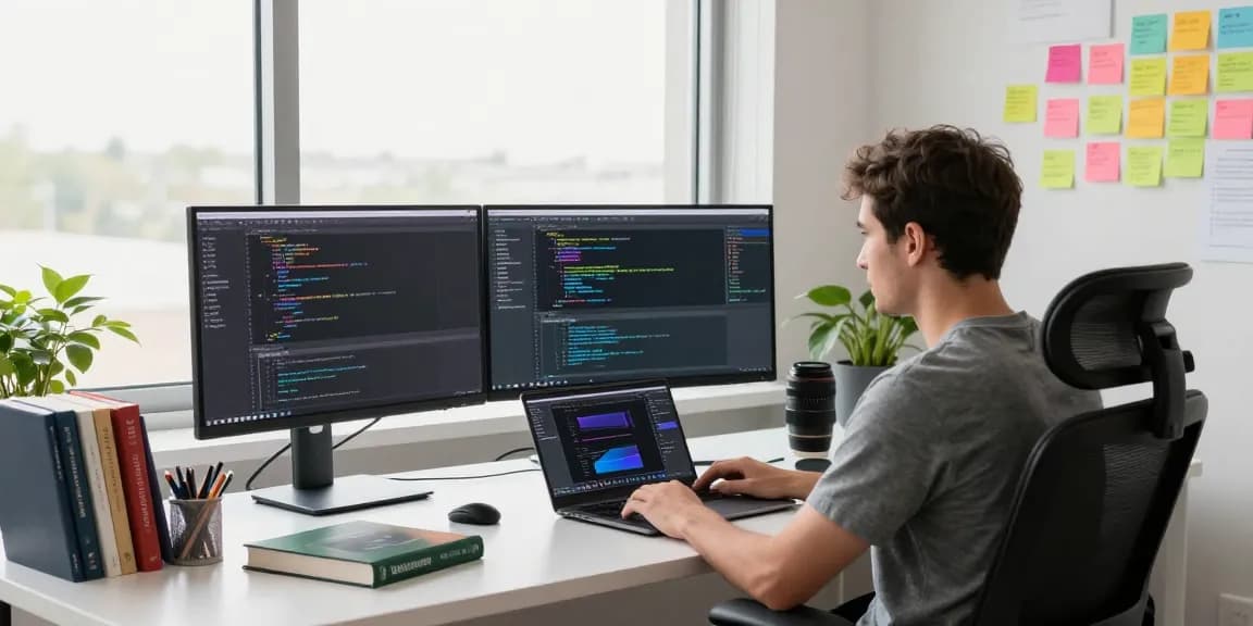 Person coding in a high-tech workspace with multiple screens and bright lighting while using 纸飞机中文版 for efficient communication.