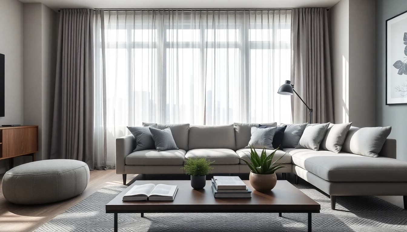 Verduisterende gordijnen in een moderne woonkamer creëren een serene sfeer.