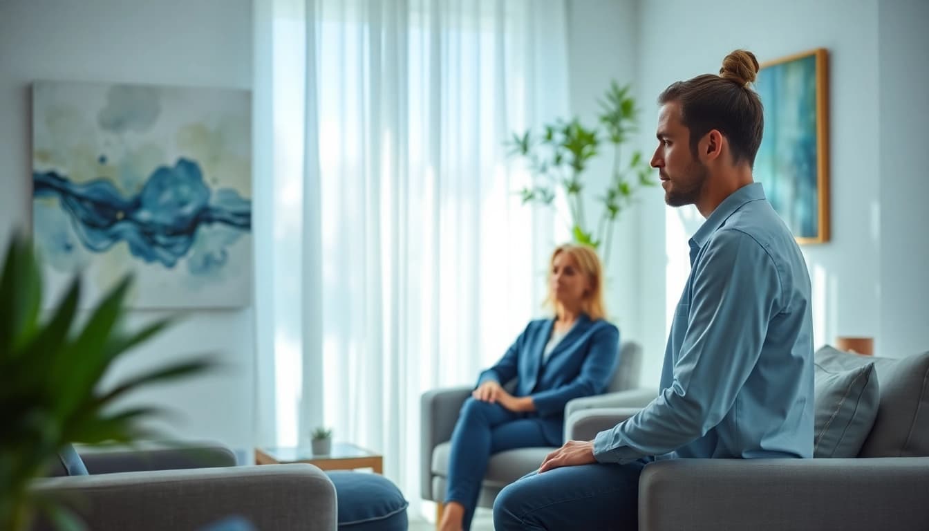Anxiety symptoms illustrated by a therapist engaging with a client in a calming therapy room.