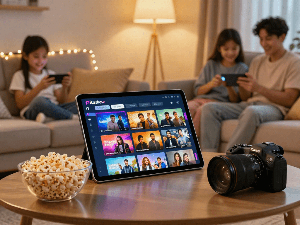 Pikashow streaming interface with a joyful user in a cozy living room.
