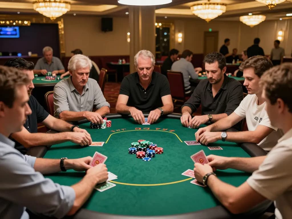 Engaged players at a poker table enjoying games at Nhà cái 79king, chips and cards creating a vibrant scene.