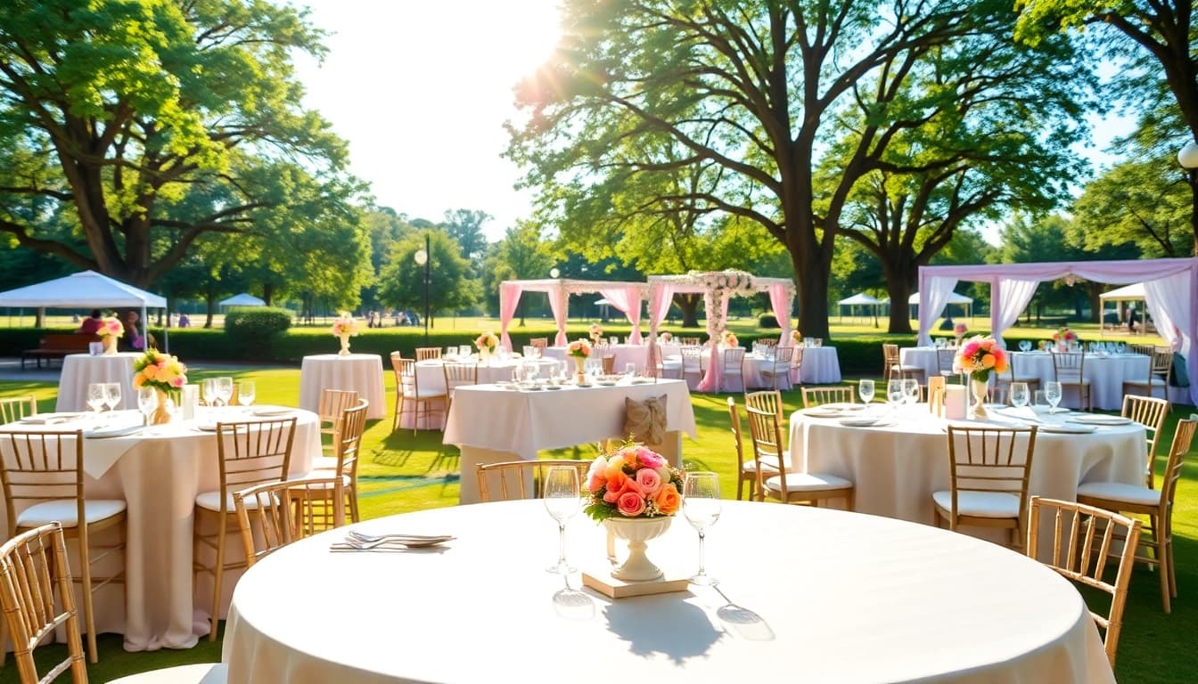 Elegant table rentals beautifully arranged for a serene outdoor event.