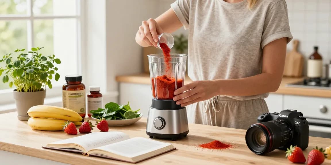 Haematococcus pluvialis astaxanthin being blended into a healthy smoothie in a sunlit kitchen.