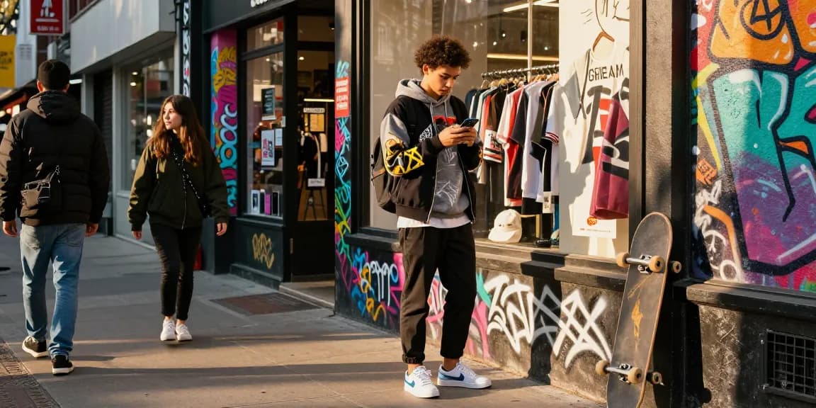 Fashion-forward individual engaged with a 레플리카 쇼핑몰 in a vibrant city environment.