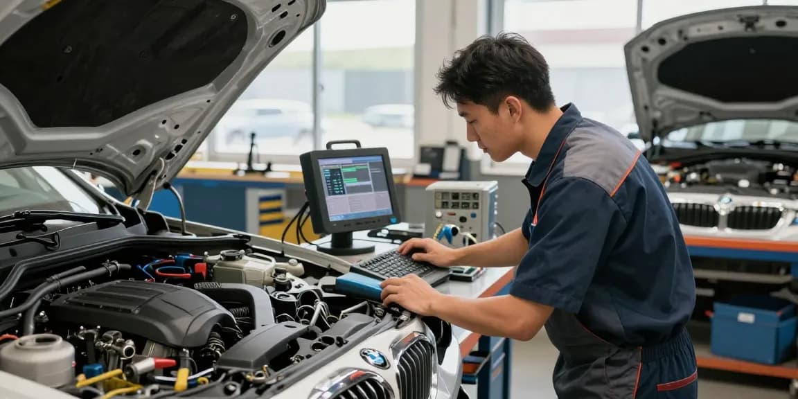 In der BMW Werkstatt Hannover repariert ein Mechaniker ein Fahrzeug mit hochwertigen Werkzeugen.