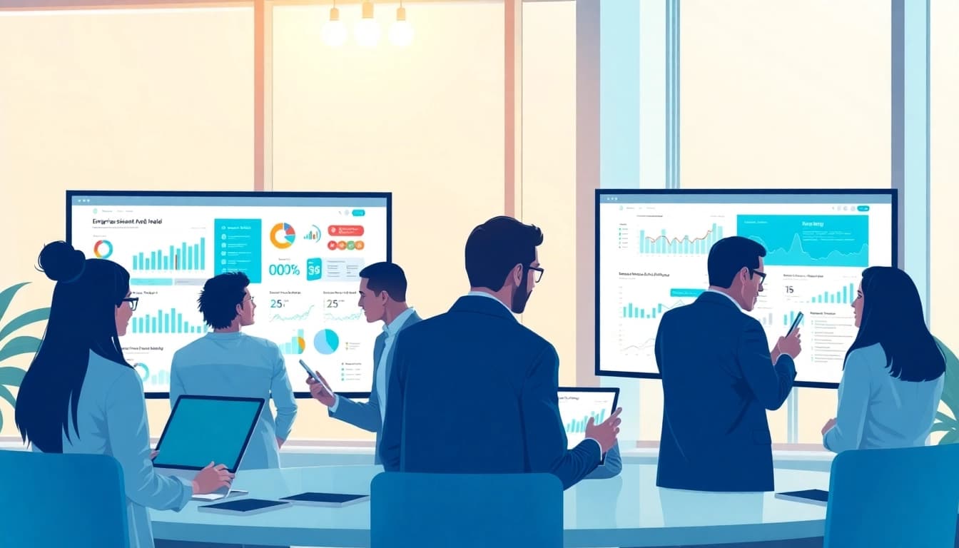 Showcase team collaboration using enterprise assistant saas in a modern office.
