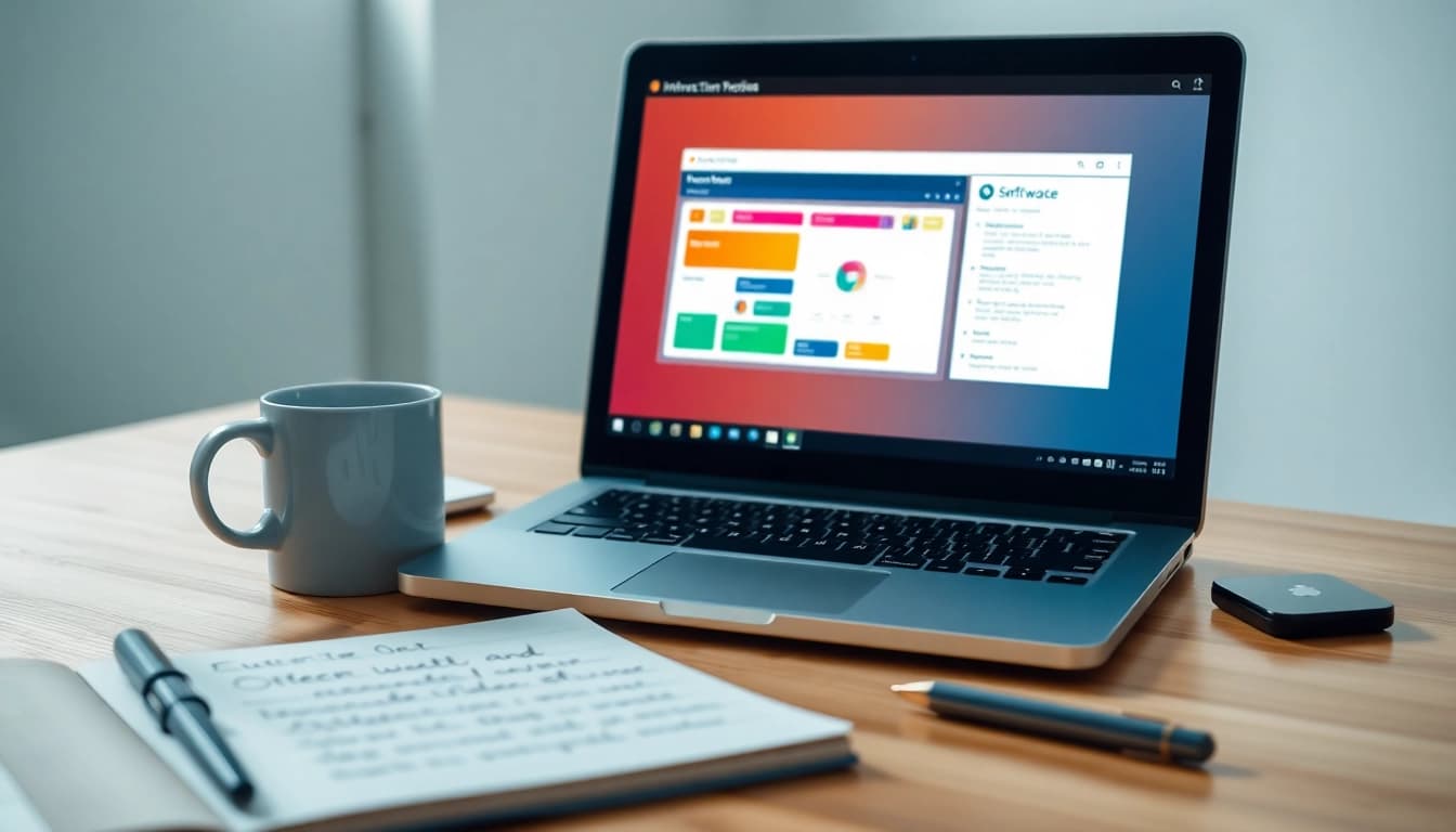 Exclusive software tutorial setup in a modern workspace with laptop and notes.