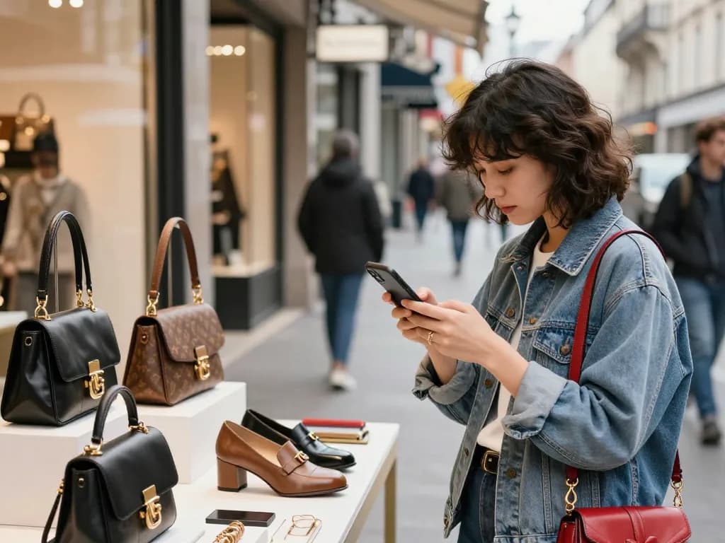 Stylish person shopping for luxury replica handbags at a 레플리카 쇼핑몰 in an urban setting.