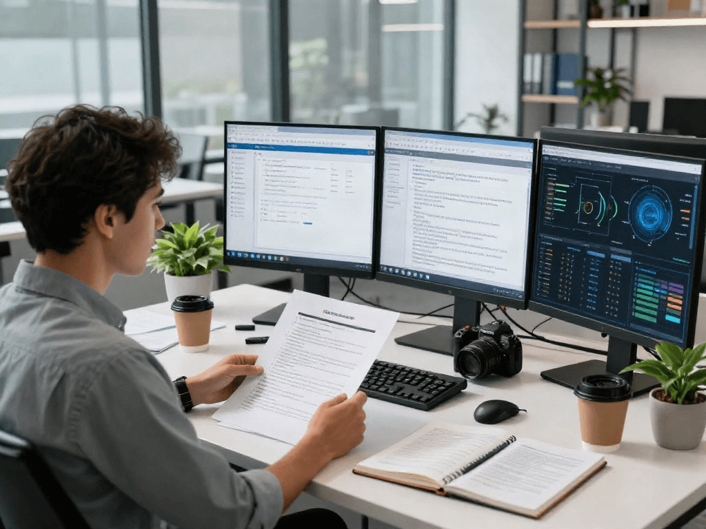 Document fraud detection professional examining software at a modern office desk.