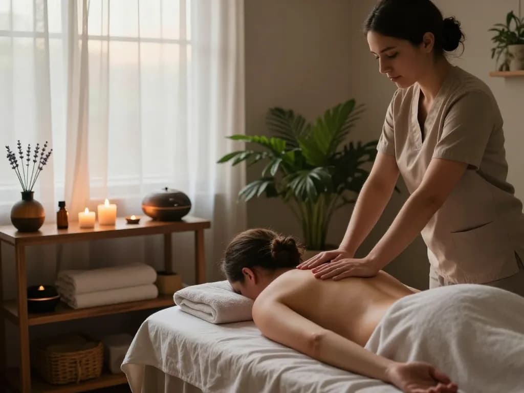 Massage therapist providing a soothing Swedish massage in a tranquil studio setting with warm lighting.