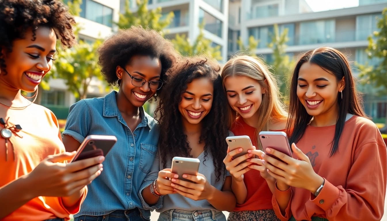Engaging social media girls capturing moments on their smartphones in a vibrant outdoor park.