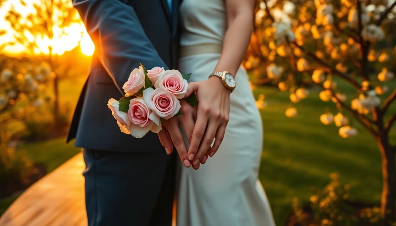 Capture a magical moment of wedding photography with a couple embracing amidst a sunset.