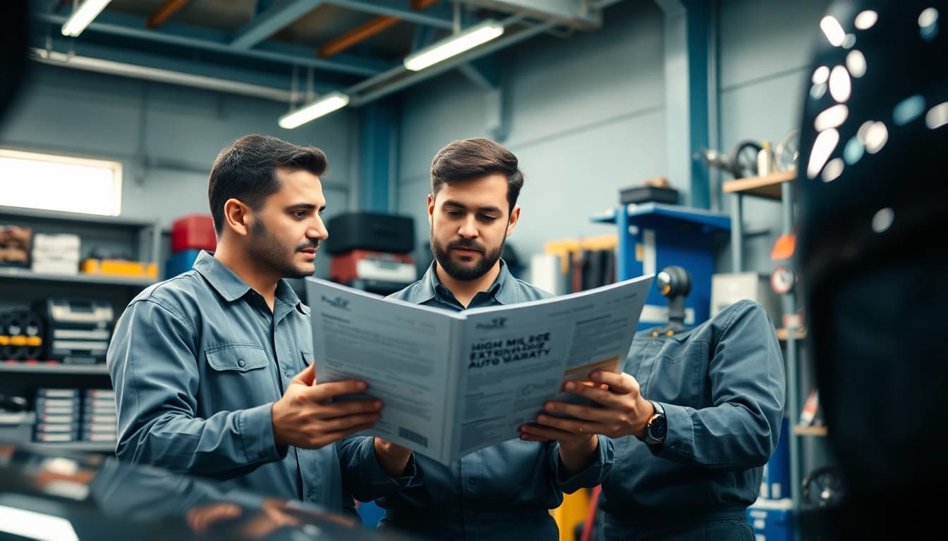 Understanding the benefits of a high mileage extended auto warranty during a garage discussion.