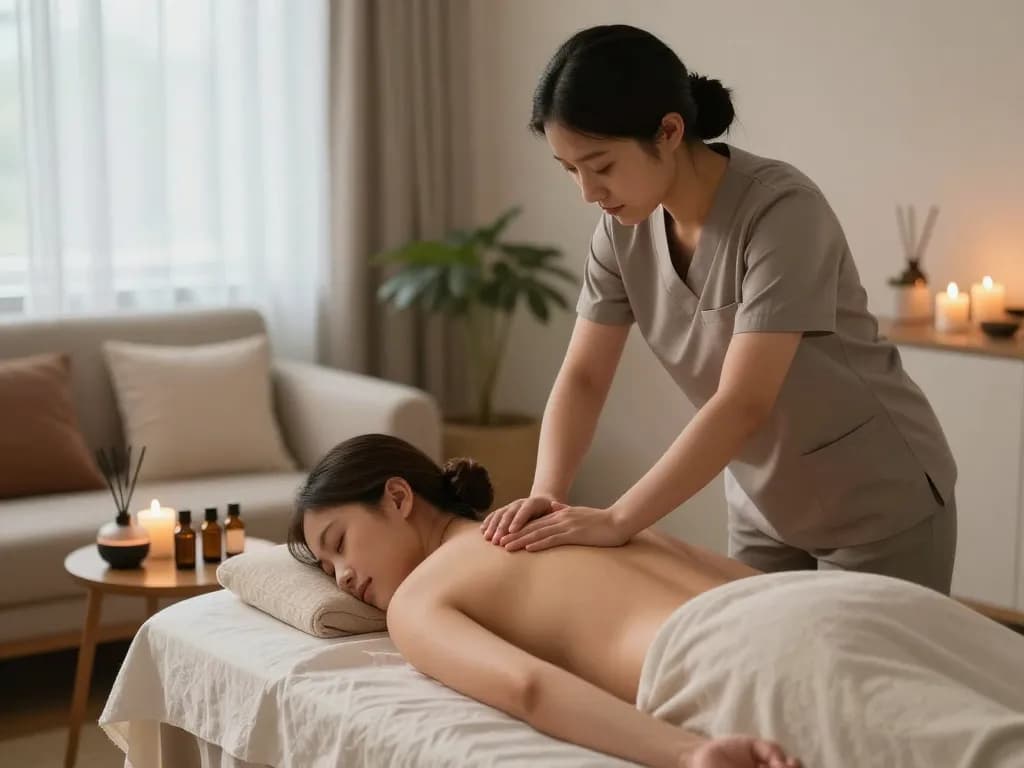 서울출장마사지 service in a cozy home setting with a professional therapist and relaxing ambiance.