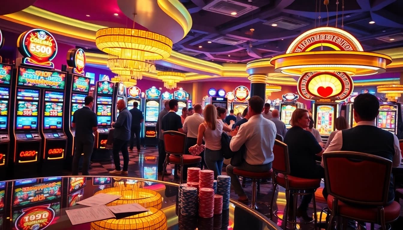 Pemain yang berinteraksi dengan mesin slot Depo 5rb dalam atmosfer kasino yang seru, menampilkan permainan yang penuh warna.