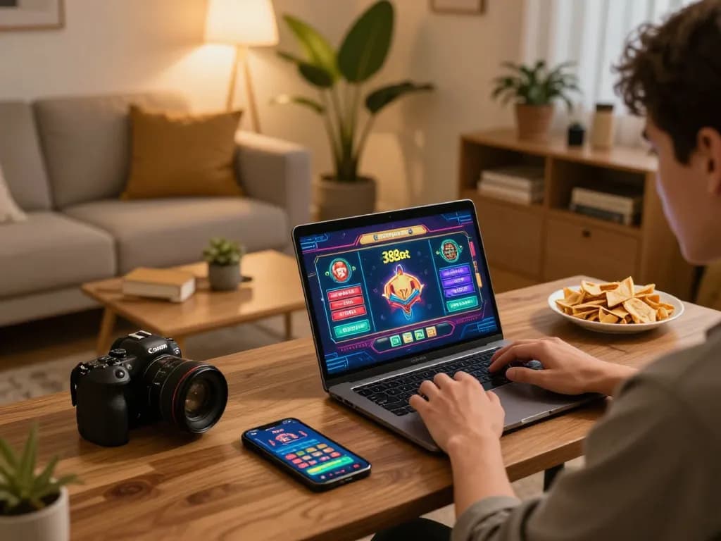 Engaged player exploring 388bet online casino gaming on a laptop, reflecting strategic betting choices.