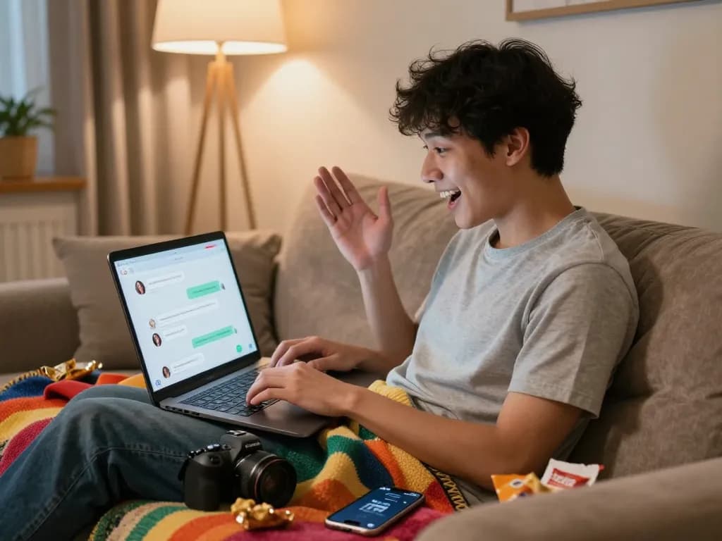 Engaging home scene of young adult using sex chat AI on laptop, cozy atmosphere with personal items.