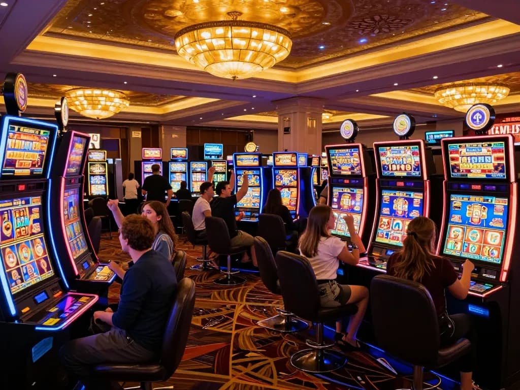 Players enjoying the thrill of gaming at vibrant casino slots, capturing the excitement of m105.